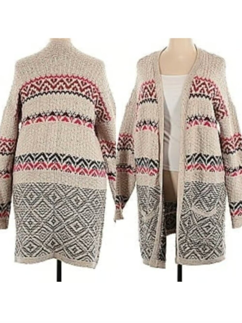 MAURICES Cream Beige Brown Pink Geometric Fair Isle Duster Long Cardigan Sweater